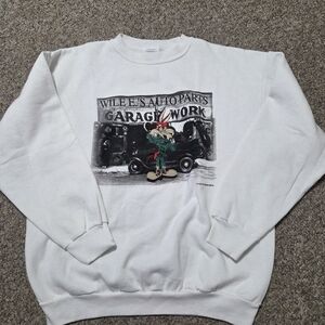 Vintage 90s Wild E Coyote Looney Tunes Sweatshirt Size L White Auto Mechanic